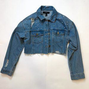 Forever 21 Distressed Cropped Jean Jacket with Pearls Medium